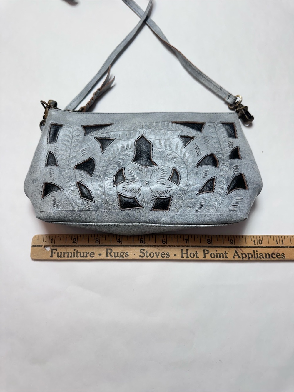 Artisan Silver Tooled Leather Cutout Crossbody Bag Boho Western Festival - Picture 8 of 13